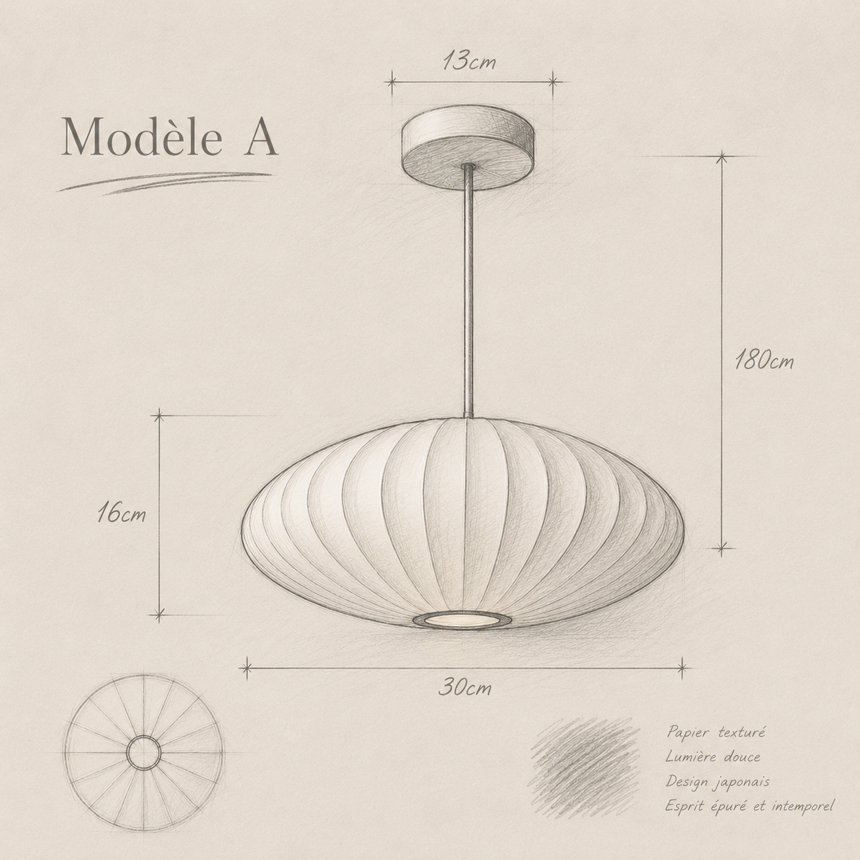 Suspension japandi en papier texturé Modèle A avec lumière douce et design minimaliste.