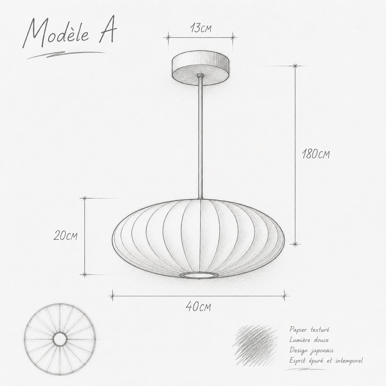 Suspension japandi en papier texturé Modèle A 40 par 20 cm avec lumière douce et design minimaliste.