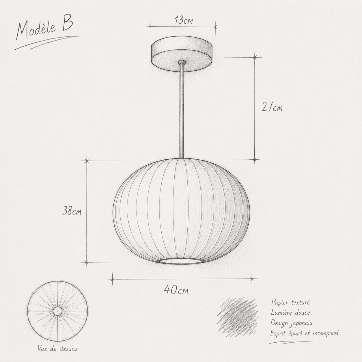 Suspension japandi en papier texturé Modèle B avec lumière douce et design minimaliste.