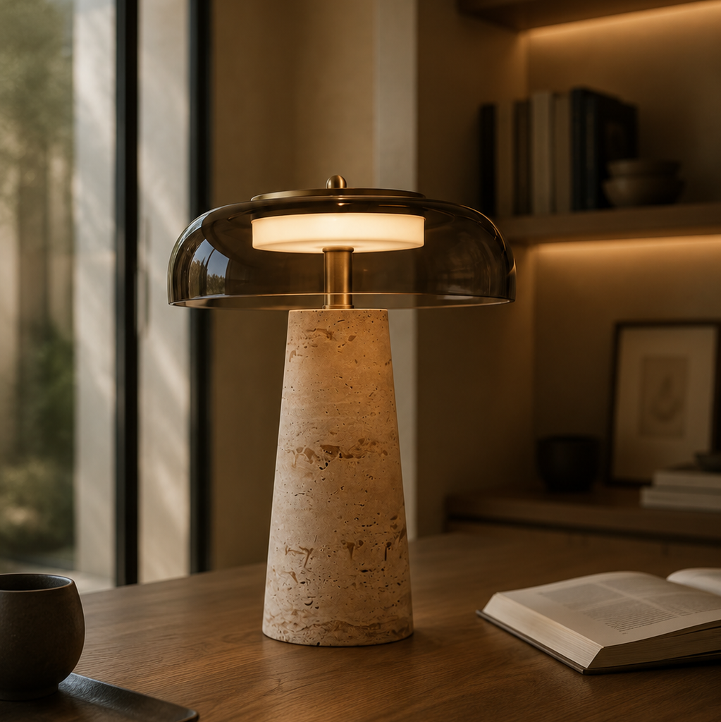 Lampe à Poser en Verre et Travertin | BOTA