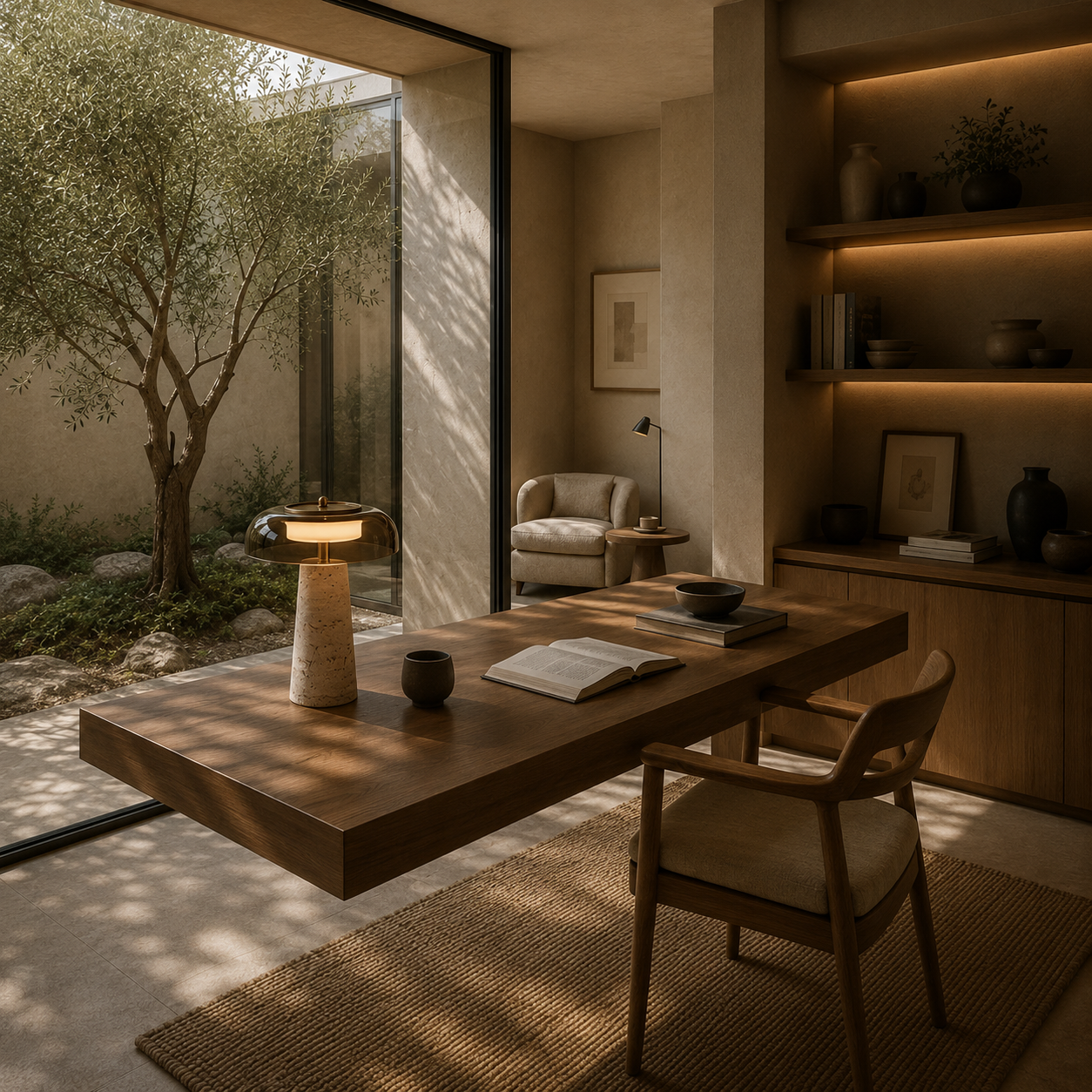 Lampe à Poser en Verre et Travertin | BOTA