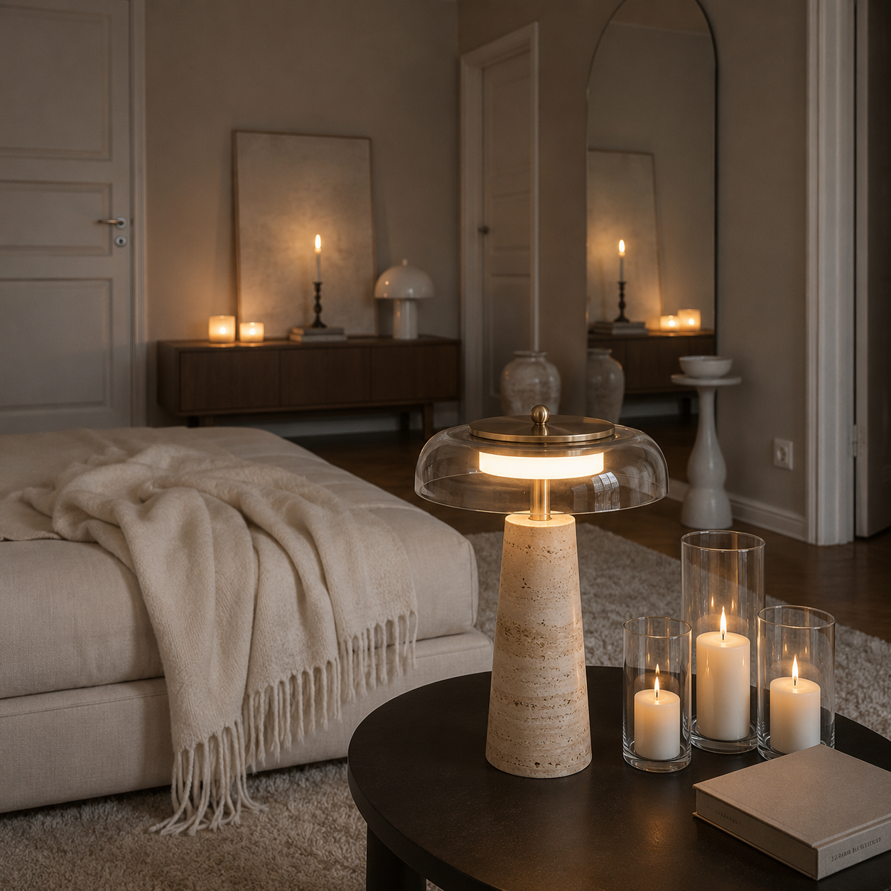 Lampe à Poser en Verre et Travertin | BOTA