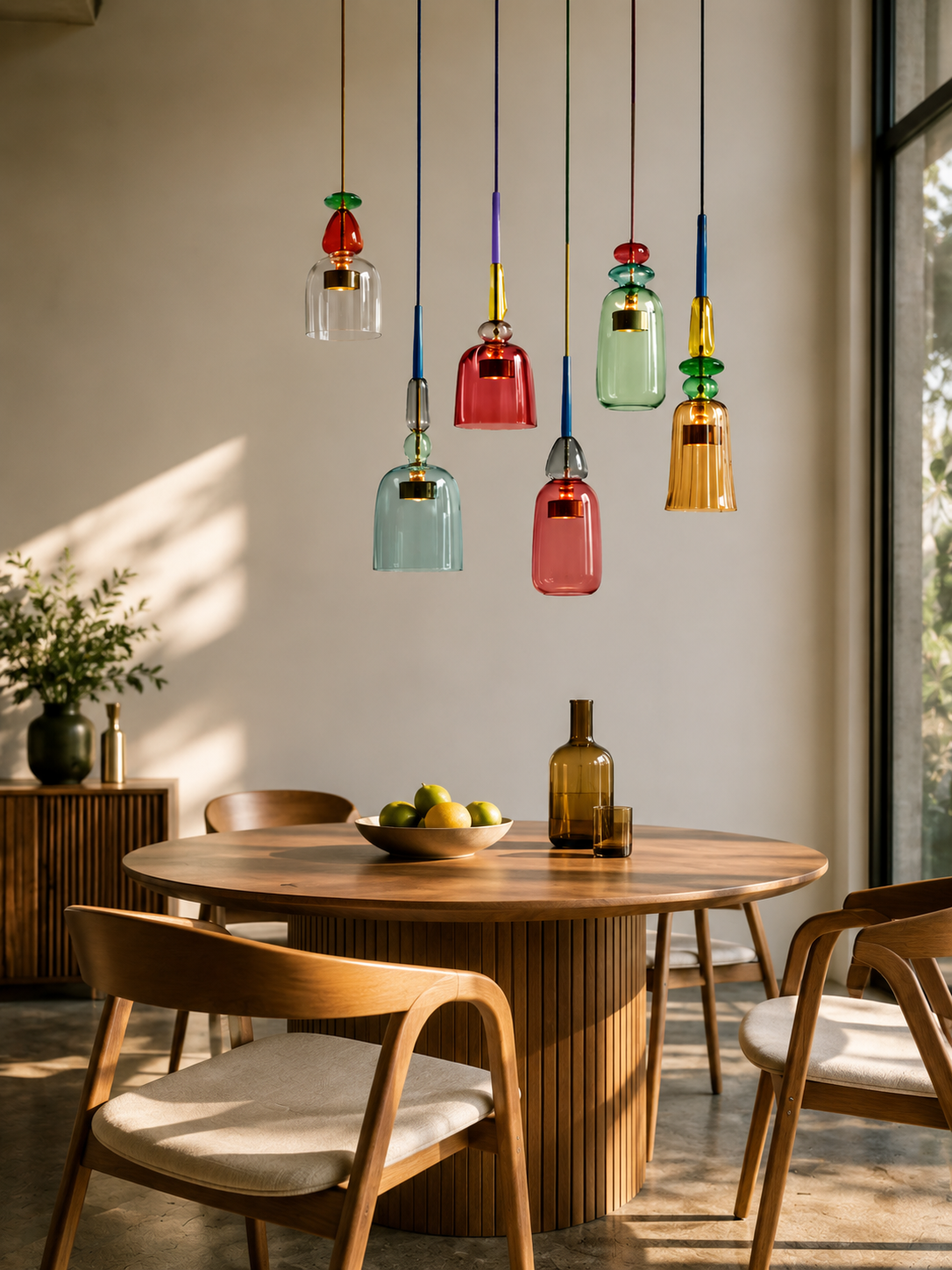 Suspension design Milo en verre coloré texturé avec finition dorée, style rétro vintage dans une salle a manger.