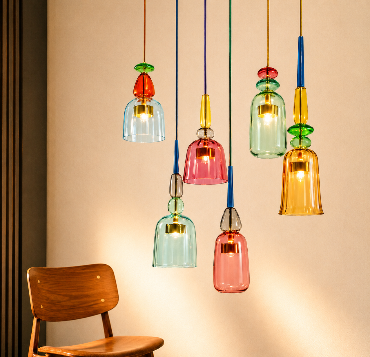 Suspension design Milo en verre coloré texturé avec finition dorée, style rétro vintage, tout les modèles
