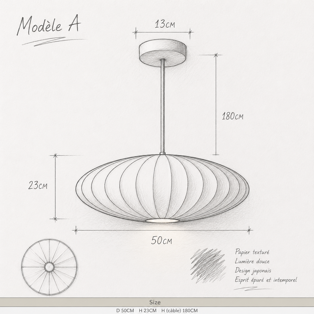 Suspension japandi en papier texturé Modèle A avec lumière douce et design minimaliste.
