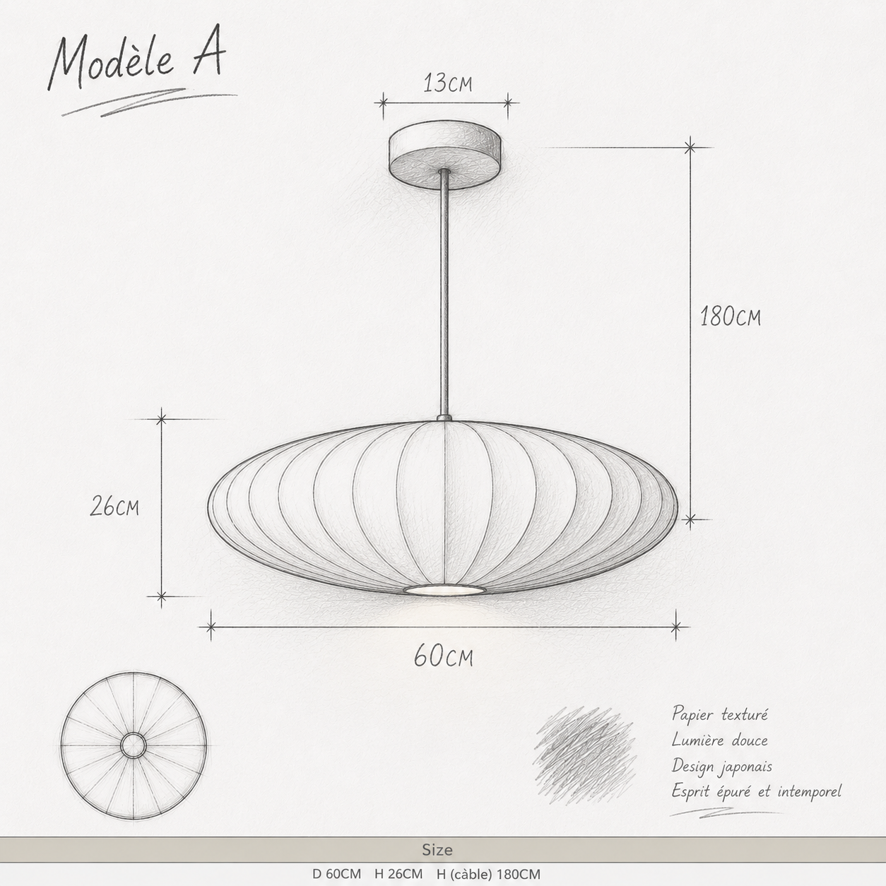 Suspension japandi en papier texturé Modèle A avec lumière douce et design minimaliste.
