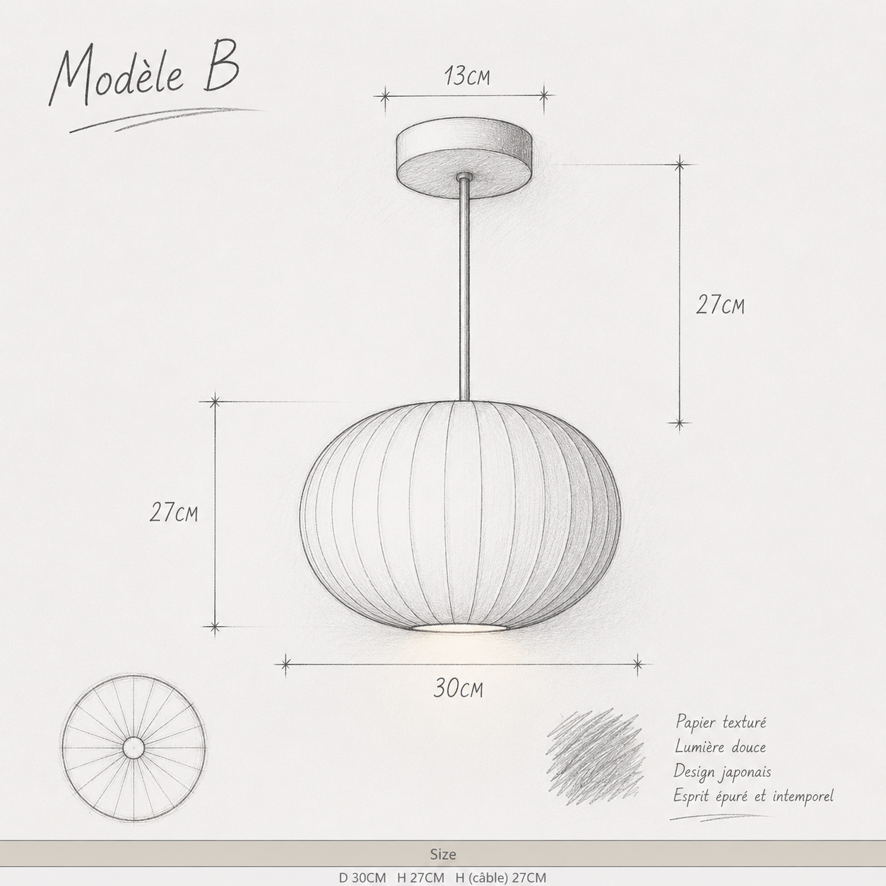 Suspension japandi en papier texturé Modèle B avec lumière douce et design minimaliste.