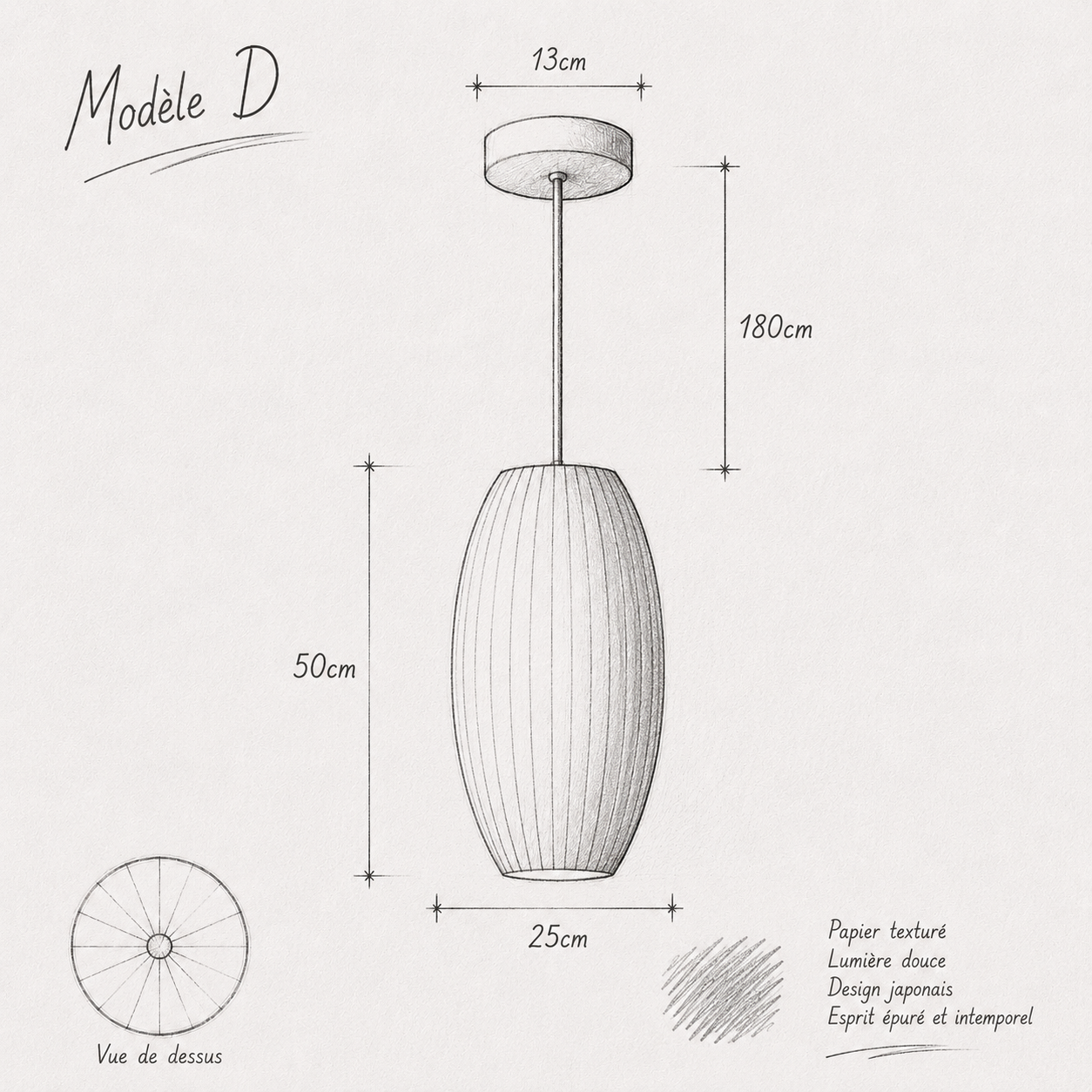 Suspension japandi en papier texturé Modèle D avec lumière douce et design minimaliste.