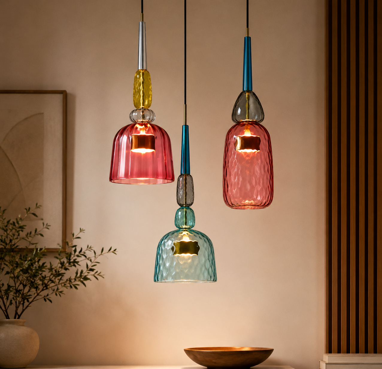 Suspension design Milo en verre coloré texturé avec finition dorée, style rétro vintage 