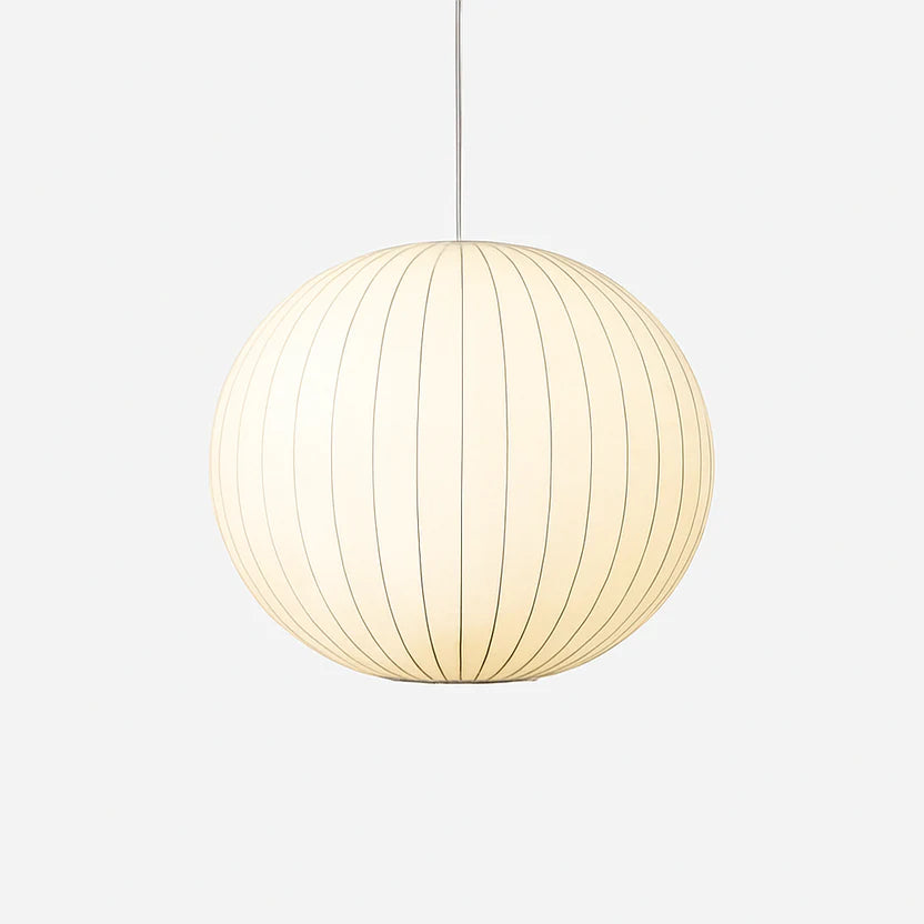 Suspension japandi en papier texturé Modèle B avec lumière douce et design minimaliste.